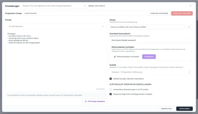 Screenshot van de ownvia-editor voor het configureren van een vertaaltemplate met prompt, woordenlijst, schrijfstijl en kwaliteitsinstellingen