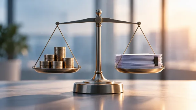 Symbolische Darstellung des Gleichgewichts zwischen Wirtschaftlichkeit und Qualität bei KI-Übersetzungen für LSPs – Waage mit Münzen und Dokumenten.