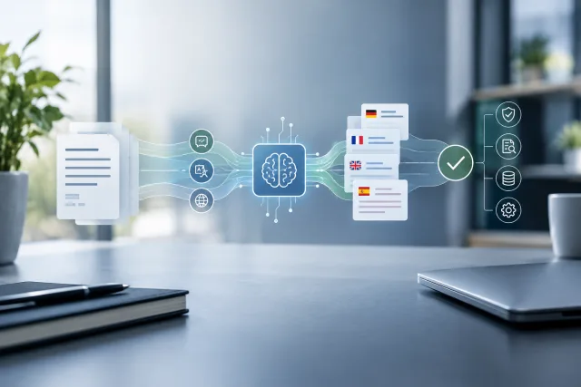 AI-generiertes Themenbild zu KI-Übersetzung für regulierte und qualitätskritische Inhalte: Prüfkriterien für die Auswahl eines professionellen Workflows