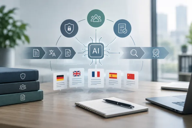 KI-Übersetzung im Unternehmen mit strukturierten Prozessen für Governance, Datenschutz, Qualität und Verantwortlichkeiten.
