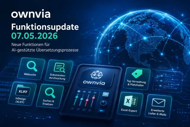 Visualisation of the new ownvia features for AI-powered translation processes with web search, document search, XLIFF support and enhanced find and replace.