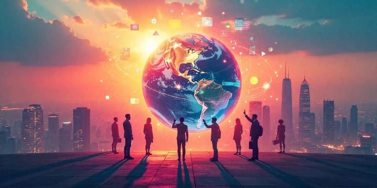 Illustration einer vernetzten Welt mit Menschen vor einem Globus