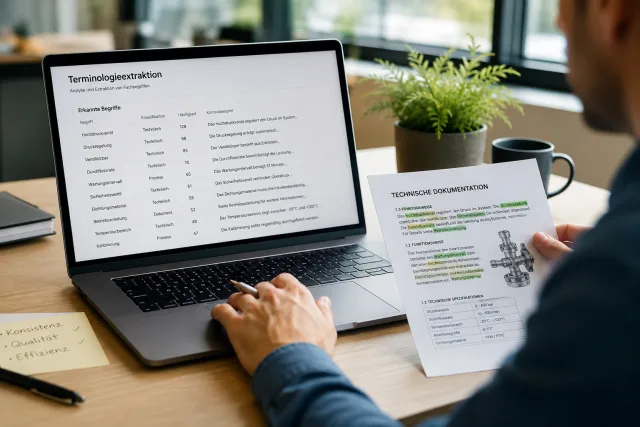 Employee analysing technical documents and specialist terms on a laptop. The scene illustrates AI-powered terminology extraction for creating glossaries and improving AI translations.