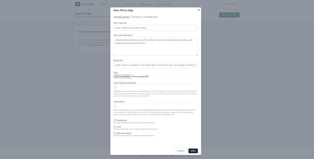 Formular zum Anlegen einer neuen Micro-App in ownvia