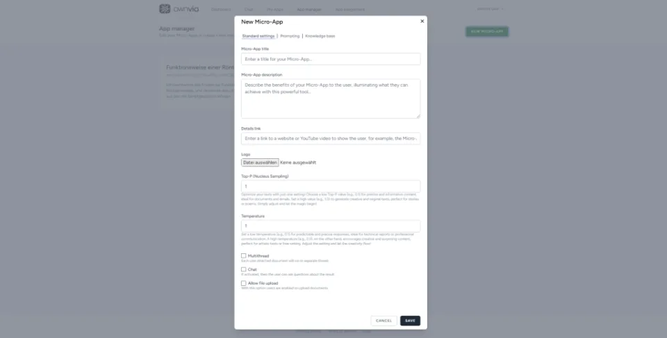 Formular zum Anlegen einer neuen Micro-App in ownvia