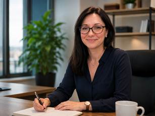 Porträt einer Frau mit Brille an einem Schreibtisch