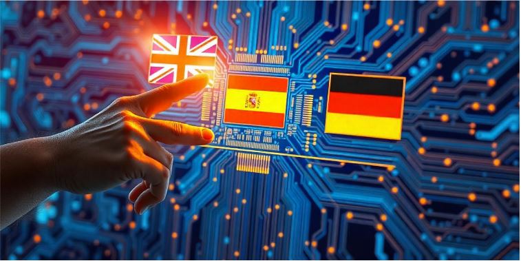 Sprachwahl mit britischer, spanischer und deutscher Flagge