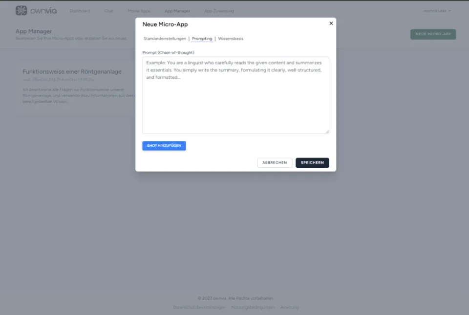 Prompt-Eingabe einer Micro-App in ownvia