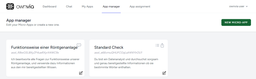 ownvia App-Manager mit vorhandenen Micro-Apps