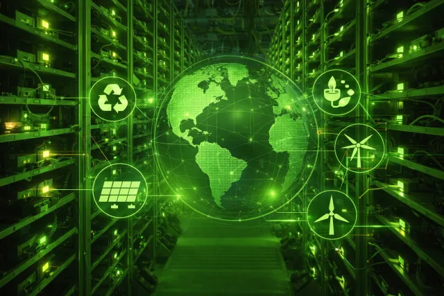 Grün beleuchteter Servergang in einem Rechenzentrum mit digitaler Weltkugel und Symbolen für erneuerbare Energien, Recycling und nachhaltige KI-Nutzung.