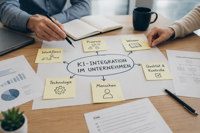 Strategische KI-Integration im Unternehmen: Unternehmenswissen, Workflows, Prozesse und Qualitätssicherung werden für skalierbare KI-Anwendungen miteinander verbunden.