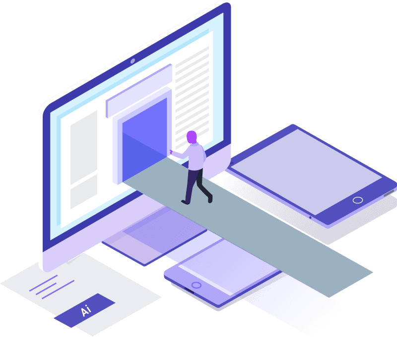 Illustration digitaler KI-Anwendungen auf Computer und Mobilgeräten