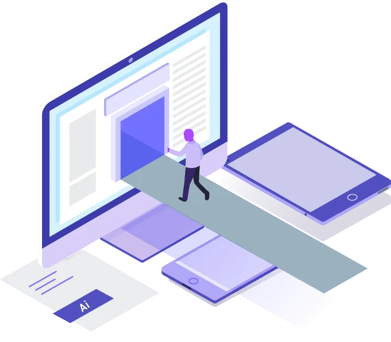 Illustration digitaler KI-Anwendungen auf Computer und Mobilgeräten