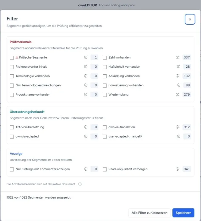 Screenshot of the ownvia ownEDITOR with the filter window open for selecting quality criteria, translation source and display options for document segments.