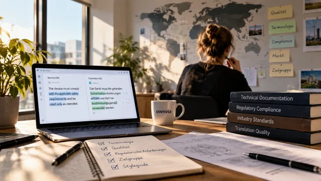 Translator at a workstation with AI translation software, terminology materials and a quality checklist for professional LSP workflows.